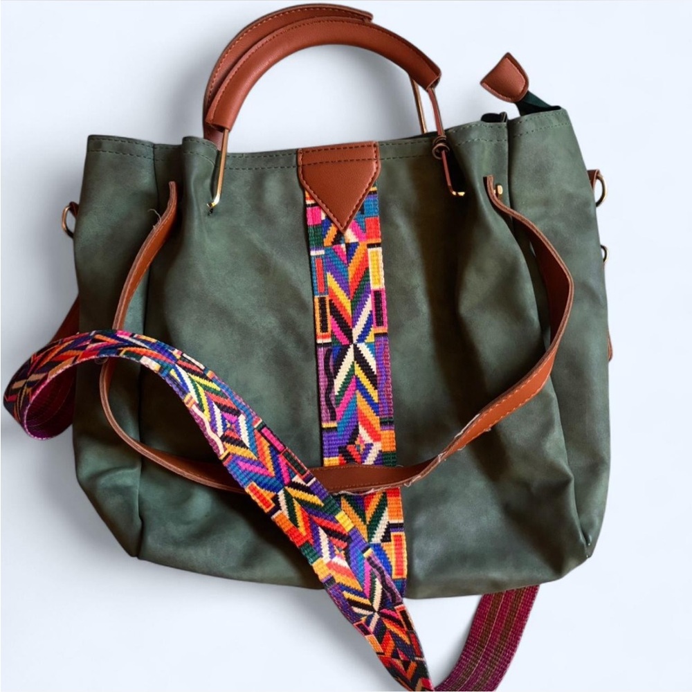 Stylish Green Tote Bag with Multicolor Strap